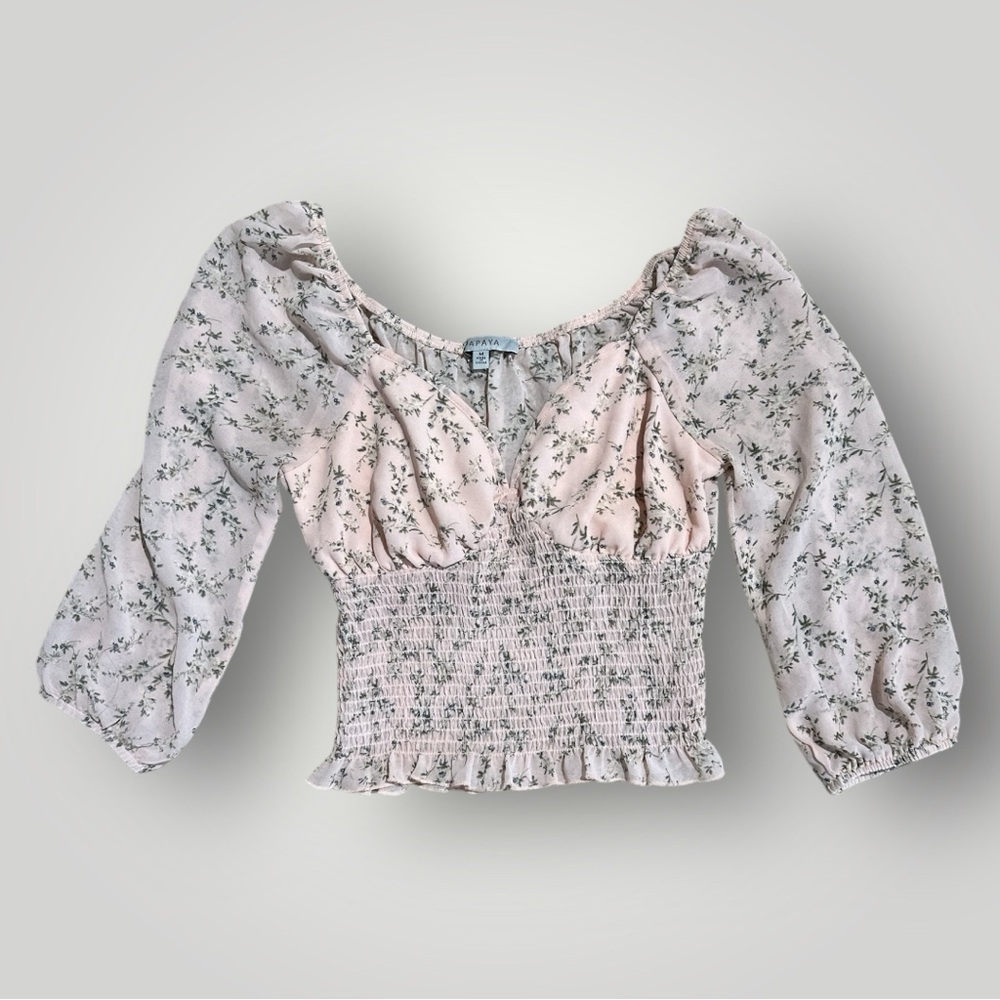 Papaya Floral Smocked Corset Top - Puff Sleeve Cottagecore  Medium
